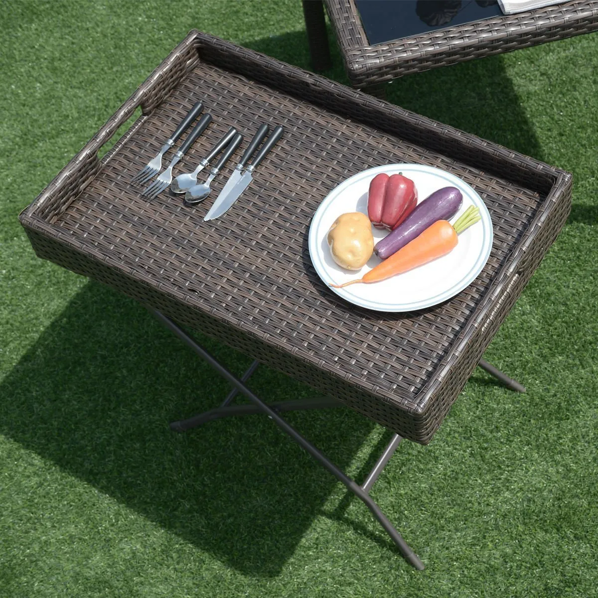 Tangkula Wicker Table Outdoor Patio Wicker Rattan Sofa Side Tray Table Display Stand