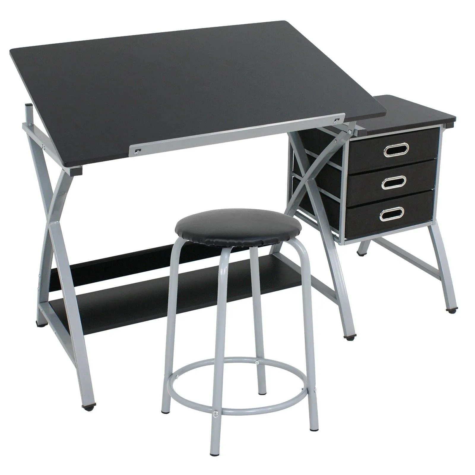 ZENY™ Adjustable Drawing Desk Drafting Table Folding Art Craft Table Station w/Stool and 3 Storage Drawers