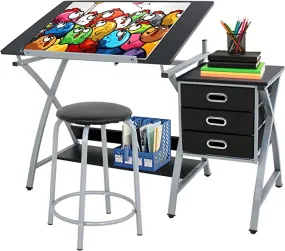ZENY™ Adjustable Drawing Desk Drafting Table Folding Art Craft Table Station w/Stool and 3 Storage Drawers