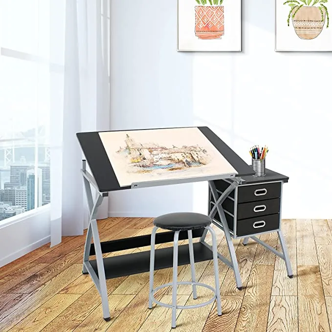 ZENY™ Adjustable Drawing Desk Drafting Table Folding Art Craft Table Station w/Stool and 3 Storage Drawers