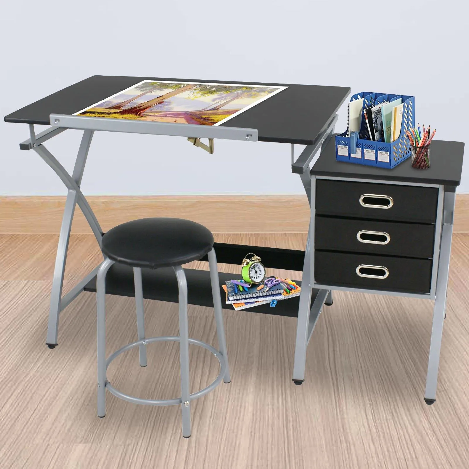 ZENY™ Adjustable Drawing Desk Drafting Table Folding Art Craft Table Station w/Stool and 3 Storage Drawers