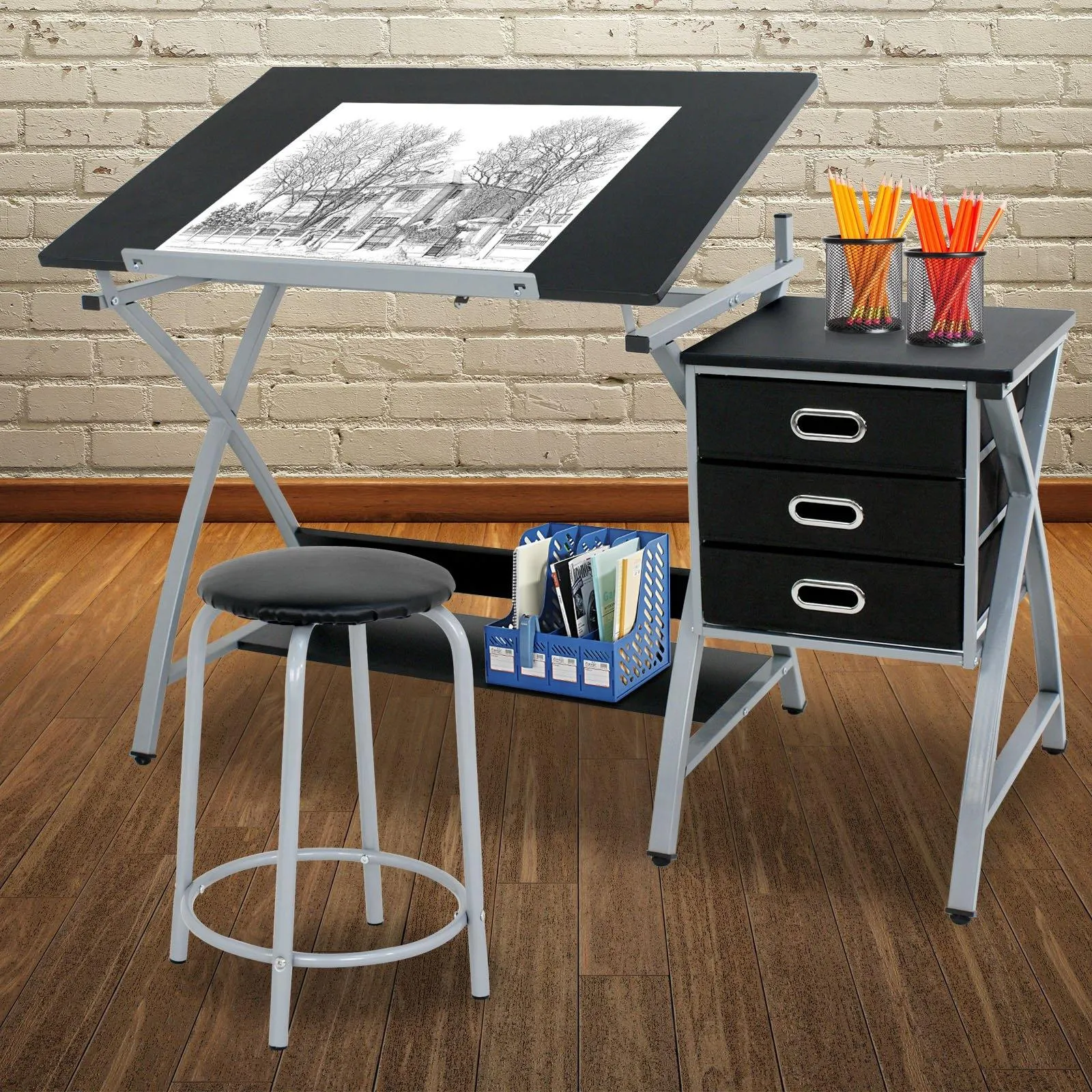 ZENY™ Adjustable Drawing Desk Drafting Table Folding Art Craft Table Station w/Stool and 3 Storage Drawers